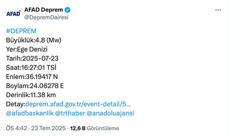 Ege Denizi açıklarında 4,8 büyüklüğünde deprem - Resim : 1