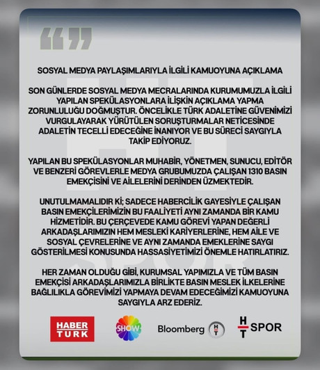 Habertürk ve Show TV'den ortak açıklama: “1310 çalışanımızı derinden üzmektedir” - Resim : 1