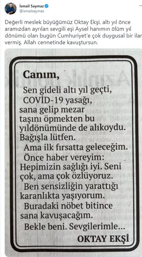 Usta gazeteci Oktay Ekşi’den eşi için duygusal ilan! 'Sen gideli altı yıl geçti' - Resim : 1