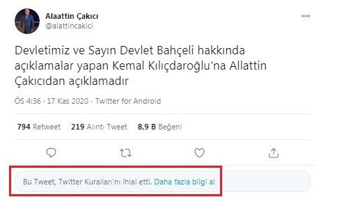 Twitter, Alaattin Çakıcı'nın Kemal Kılıçdaroğlu'na tehdidini sildi - Resim : 1
