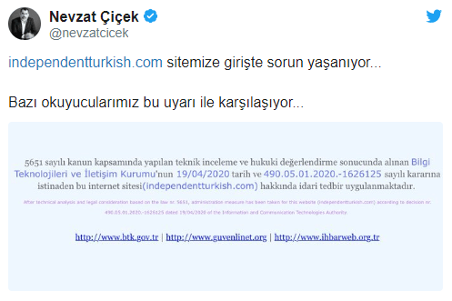 Independent Türkçe erişime kapatıldı! Nevzat Çiçek'ten açıklama... - Resim : 1