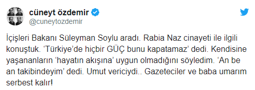 Süleyman Soylu, Rabia Naz için Cüneyt Özdemir'i aradı - Resim : 1