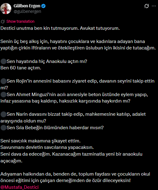 Destici'nin s&ouml;zleri G&uuml;lben Ergen'i &ccedil;ıldırttı! "Kin değil, avukat tutuyorum" - Resim : 1