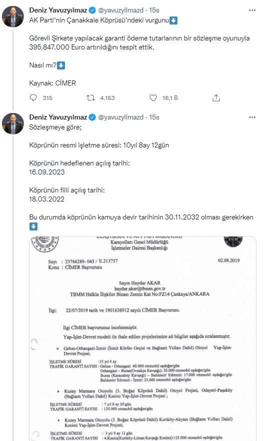 CHP’li Deniz Yavuzyılmaz'dan Çanakkale Köprüsü’nde büyük vurgun iddiası - Resim : 1