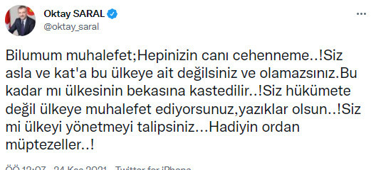 Erdoğan'ın başdanışmanı muhalefeti hedef aldı: Hepinizin canı cehenneme, hadiyin oradan müptezeller - Resim : 1
