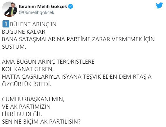 Melih G&ouml;k&ccedil;ek'ten B&uuml;lent Arın&ccedil;'a sert tepki: Sen ne bi&ccedil;im AK Partilisin? - Resim : 1