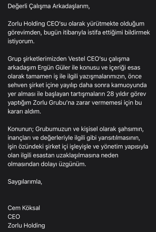 Gözaltına alınan Zorlu Holding CEO'su Cem Köksal istifa ettiğini duyurdu - Resim : 2