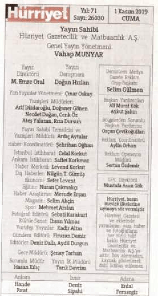 Hürriyet gazetesinde künye değişti - Resim : 1