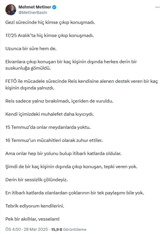 Mehmet Metiner'den AKP'lilere "İmamoğlu" tepkisi: Derin bir sessizlik çölündeyiz - Resim : 1