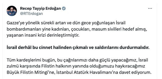 Erdoğan "Büyük Filistin Mitingi"ne çağrı yaptı - Resim : 1