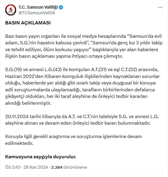 Genç kız 'Tehdit ve taciz ediliyorum' dedi, Samsun Valiliği yalanladı - Resim : 1