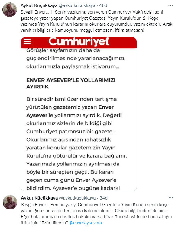 Enver Aysever ve Aykut Küçükkaya’nın ‘Cumhuriyet’ kavgası! "Aramızda dostluk hukuku varsa..." - Resim : 2