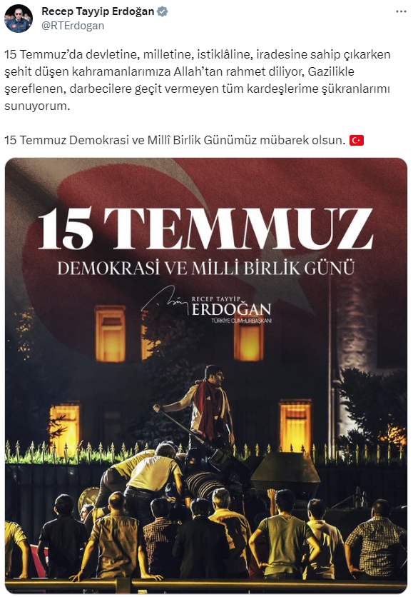 Cumhurbaşkanı Erdoğan'dan 15 Temmuz mesajı! "Demokrasi ve Millî Birlik Günümüz mübarek olsun" - Resim : 1