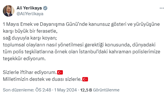 Bakan Yerlikaya'dan polislere 1 Mayıs teşekkürü - Resim : 1