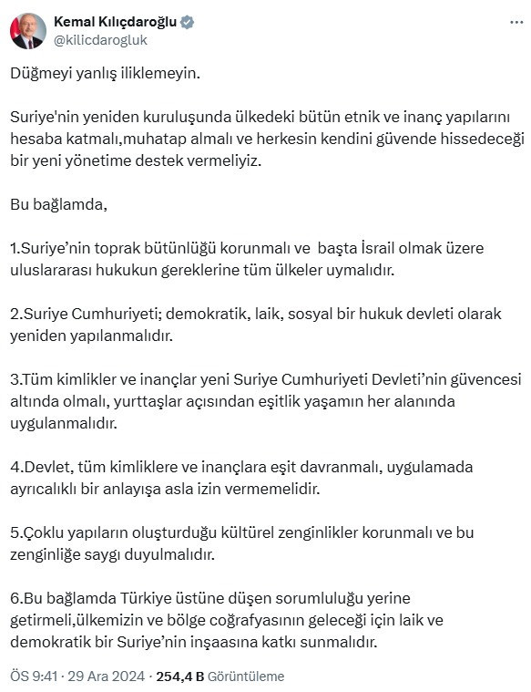 Kılıçdaroğlu'ndan iktidara 6 maddelik Suriye manifestosu - Resim : 1