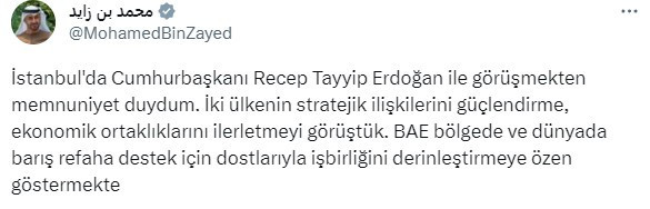 Cumhurbaşkanı Erdoğan'la görüşen BAE lideri Al Nahyan'dan Türkçe paylaşım - Resim : 1