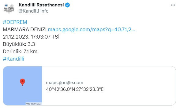 Marmara Denizi'nde 3.3 büyüklüğünde deprem - Resim : 1