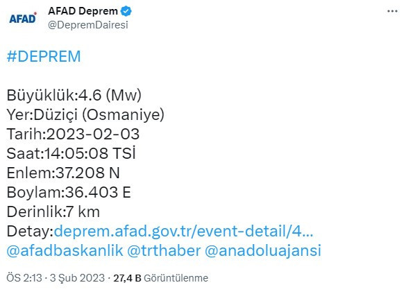 Osmaniye'de 4,6 büyüklüğünde deprem - Resim : 1
