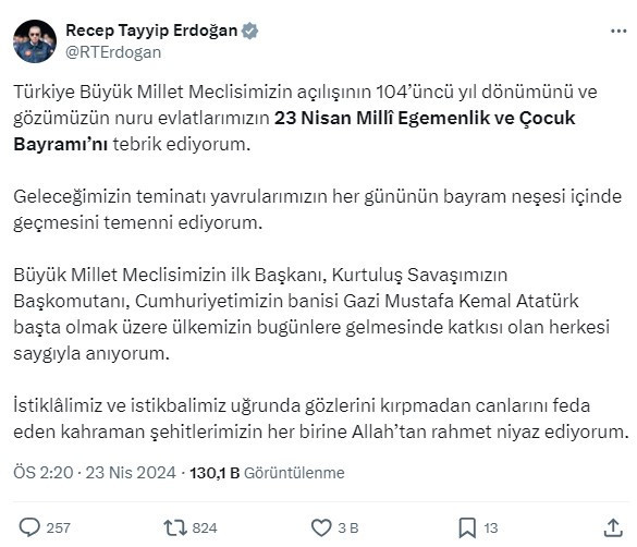 Erdoğan'dan 23 Nisan mesajı - Resim : 1