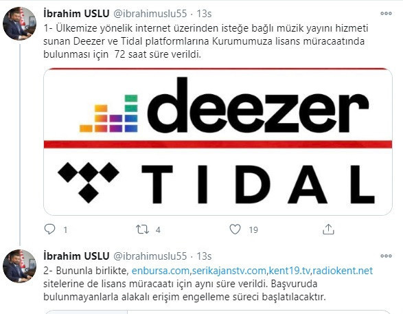 RTÜK’ten Deezer ve Tidal’a 72 saat süre - Resim : 1