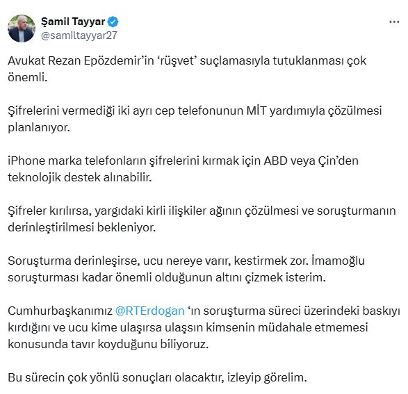 Şamil Tayyar’dan Rezan Epözdemir açıklaması: İmamoğlu soruşturması kadar önemli! - Resim : 1