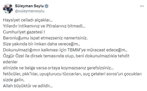 Süleyman Soylu'dan Cumhuriyet’e ‘Dokunulmazlık’ yanıtı! "Haysiyet celladı alçaklar…" - Resim : 1
