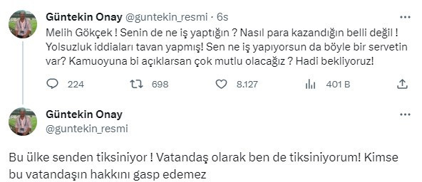 Melih Gökçek'ten "Bu ülke senden tiksiniyor" diyen Güntekin Onay'a yanıt: Seni adam yerine koyan yok - Resim : 2