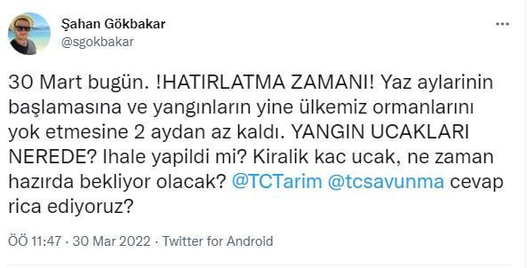 Şahan Gökbakar'dan "hatırlatma" paylaşımı: Yangın uçakları nerede? - Resim : 1