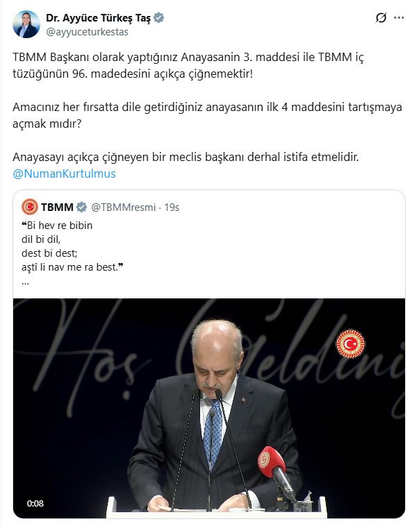 Türkeş'in kızından Kürtçe tepkisi! Numan Kurtulmuş'u istifaya çağırdı - Resim : 1