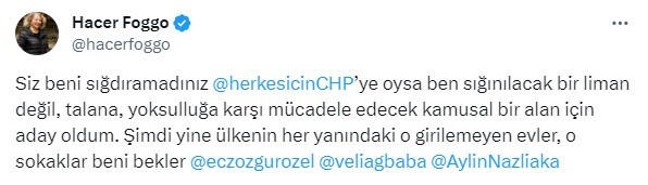 Hacer Foggo, sosyal medyadan CHP’ye sitem etti! Özgür Özel'i de etiketledi - Resim : 1