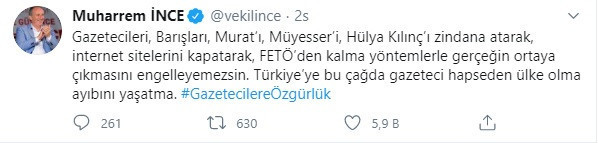 Muharrem İnce'den tutuklu gazeteciler için çağrı - Resim : 1