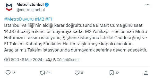 İstanbul Valiliği’nden metroya ‘8 Mart ayarı’ - Resim : 1