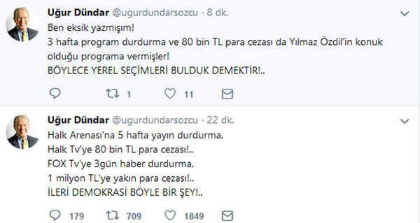 Uğur Dündar'dan milyonluk RTÜK cezalarına sert tepki: İleri demokrasi böyle bir şey! - Resim : 1