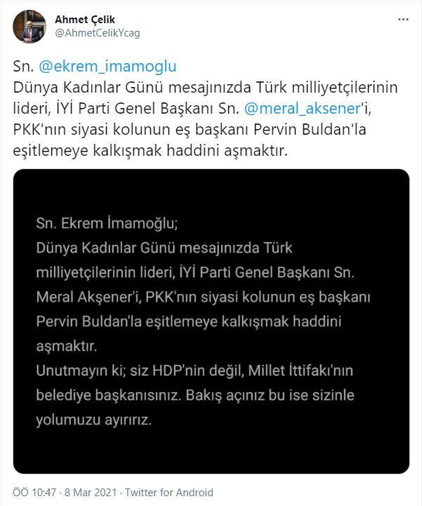 İYİ Parti'li Çelik'ten İmamoğlu'na 8 Mart tepkisi: Yolumuzu ayırırız... - Resim : 1