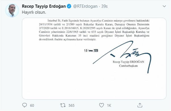Erdoğan imzaladı! Ayasofya ibadete açıldı! - Resim : 1