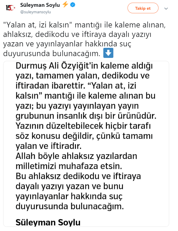 İçişleri Bakanı Soylu'dan o köşe yazısına tepki: Suç duyurusunda bulunacağım - Resim : 1