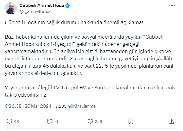 Cübbeli Ahmet'in sağlık durumu hakkında açıklama - Resim : 1