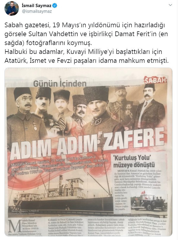 İsmail Saymaz'dan Sabah'ın 19 Mayıs haberine tepki - Resim : 1