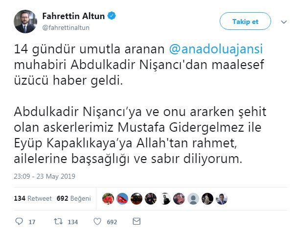 Fahrettin Altun'dan AA'ya başsağlığı mesajı - Resim : 1