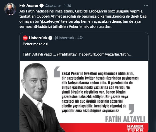 Fatih Altaylı'nın yazısı Erk Acarer'i kızdırdı: 'Kutuyu kötü açarım, insan içine çıkamazsınız...' - Resim : 1