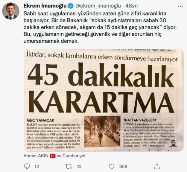 İBB Başkanı’ndan Enerji Bakanlığı’nın “aydınlatma” kararına tepki - Resim : 1