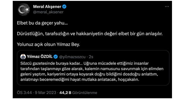 Sözcü Gazetesi'nden istifasını duyuran Yılmaz Özdil'e Meral Akşener'den destek geldi! - Resim : 1