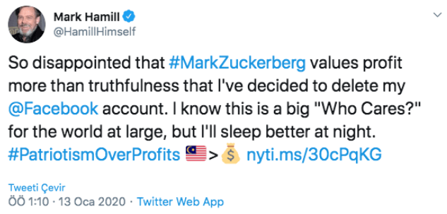 Star Wars yıldızı Mark Hamill'den Facebook'a tepki! - Resim : 1