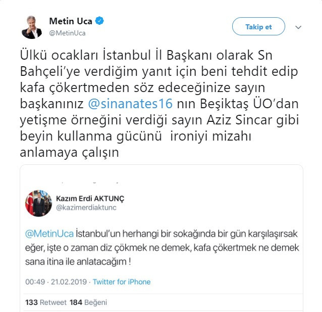Ülkü Ocakları başkanından Metin Uca'ya tehdit: Karşılaşırsak eğer! - Resim : 1