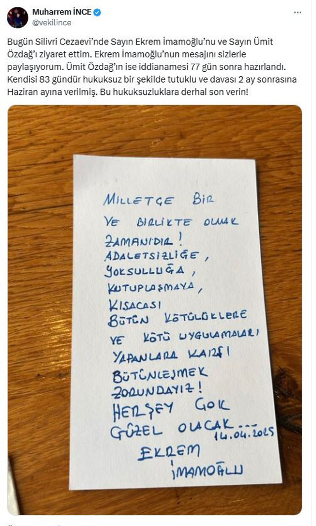Silivri'ye ziyarete giden Muharrem İnce paylaştı! İmamoğlu'ndan yeni mektup - Resim : 2