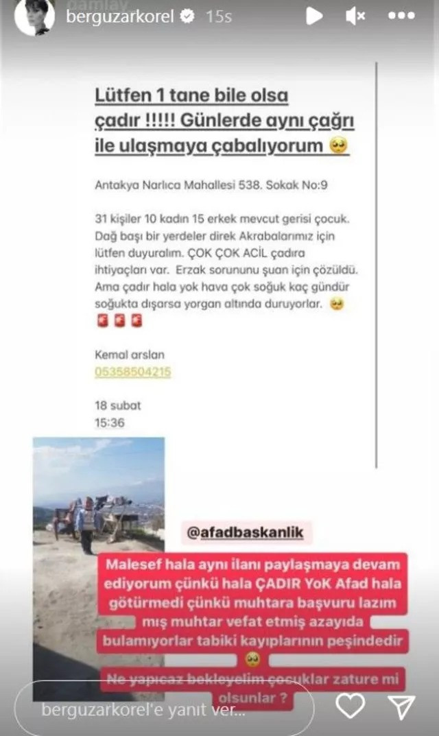 Bergüzar Korel günlerdir çadır arıyor! "AFAD hâlâ götürmedi çünkü..." - Resim : 1