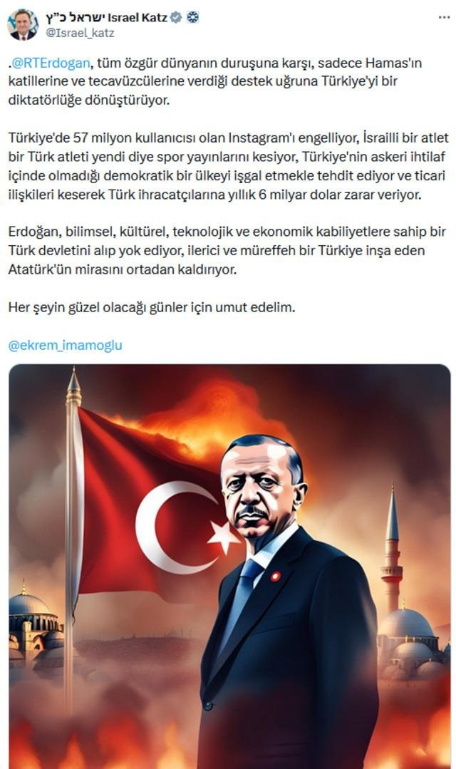 İsrailli Bakan Katz'tan bir skandal paylaşım daha! İmamoğlu'nun etiketleyip Erdoğan'ı hedef aldı - Resim : 1