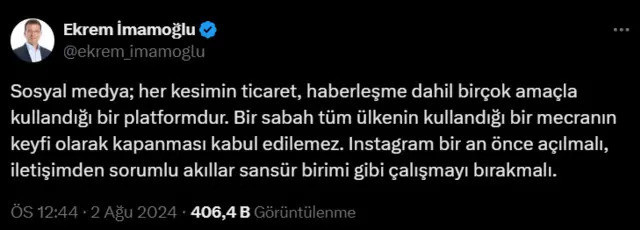 İmamoğlu'ndan Instagram çıkışı: Sansür birimi gibi çalışmayı bırakmalılar! - Resim : 1