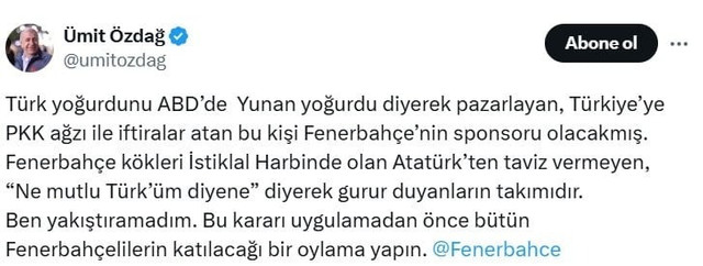 Ümit Özdağ’dan Fenerbahçe’ye sponsorluk tepkisi! - Resim : 1