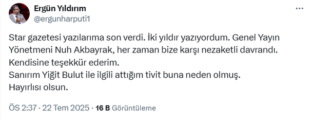 Gerekçe Yiğit Bulut tweet'iymiş: Star, o köşe yazarı ile yolları ayırdı! - Resim : 2